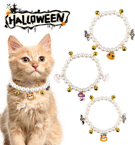 3pcs Pearl Necklace For Pets Halloween Decoration Cat Necklace Puppy Dog Bell Neck Ornament